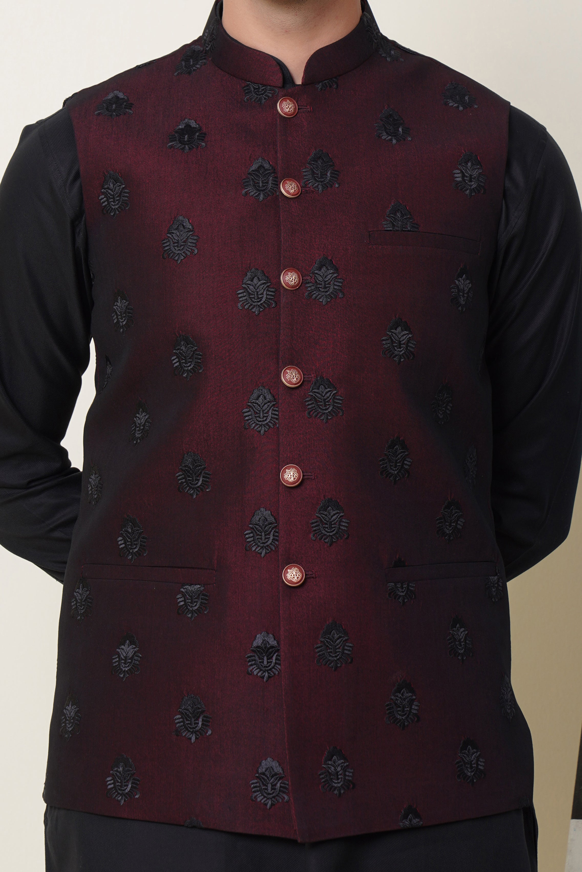 Blackish Maroon Waistcoat With Thread Embroidery